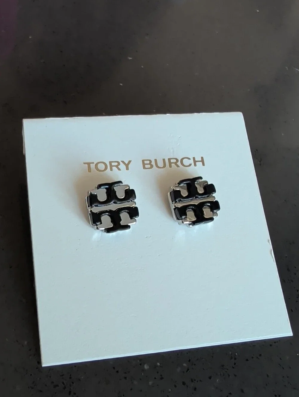Tory Burch Silver Black Double T Logo Stud Earrings New (Orginal Value $88) W66
